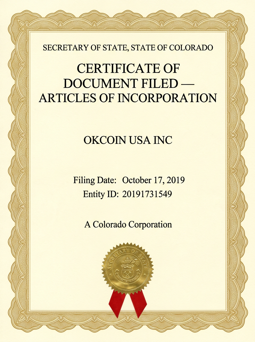 Colorado Secretary of State - Certificate of Document Filed - OKCOIN USA INC