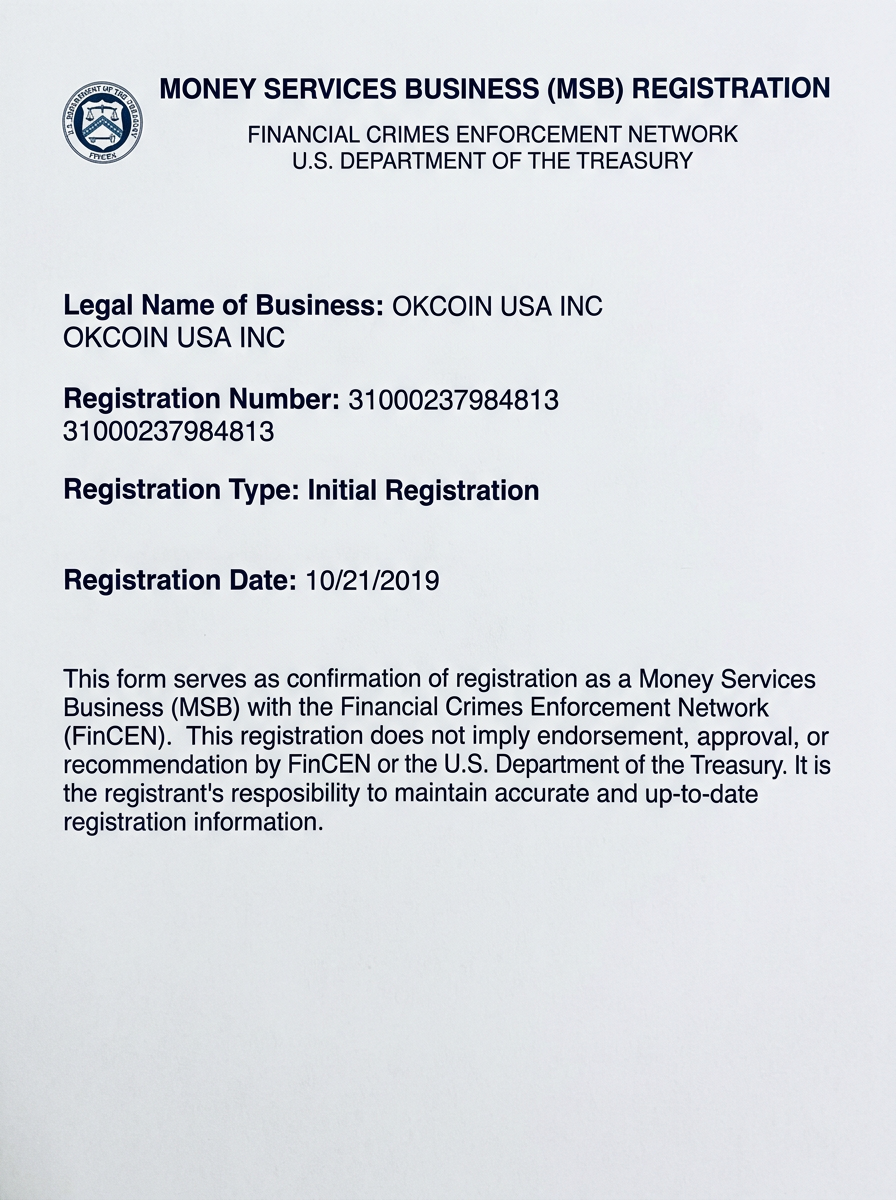 FinCEN MSB Registration - OKCOIN USA INC